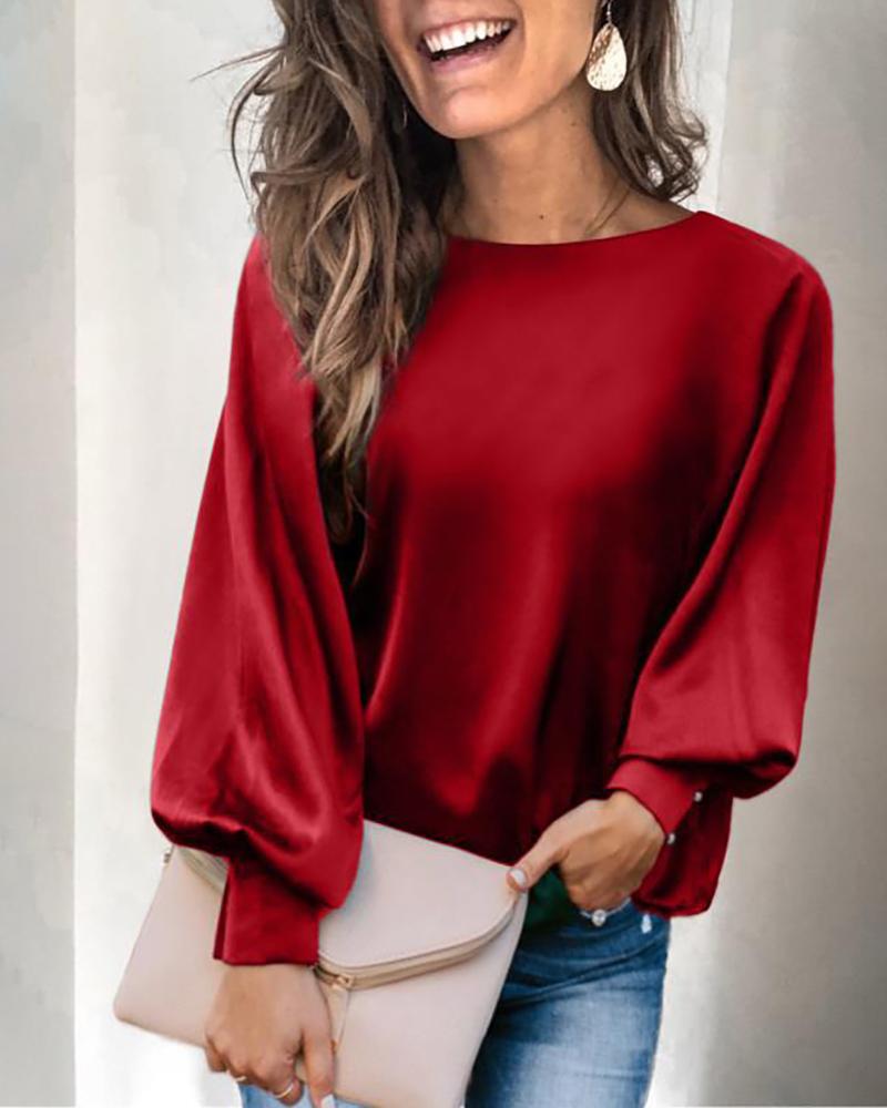

Solid Lantern Sleeve Popper Sleeve Blouse, Red
