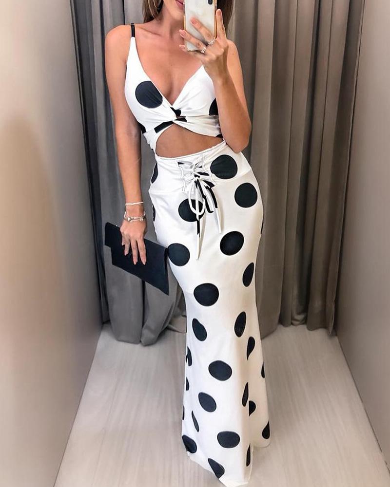 

Dot Print Twisted Top & Lace-Up Skirt Sets