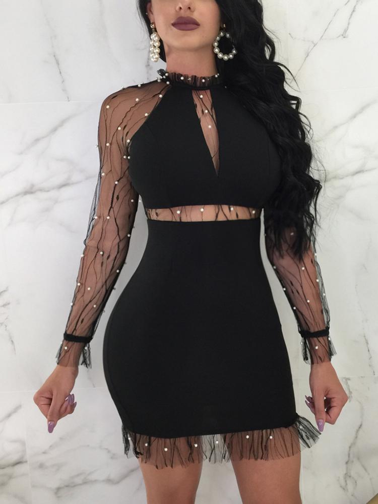 

Beads Embellished Sheer Mesh Patchwork Mini Dress