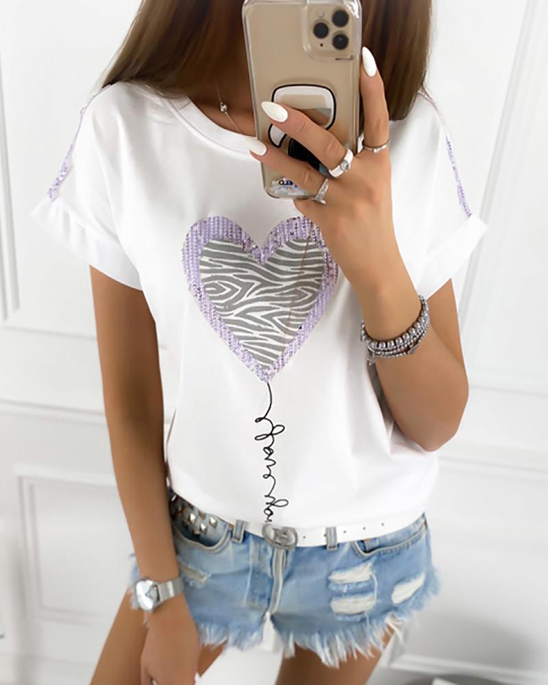 

Heart Sequins Zebra Print Casual T-shirt, Purple