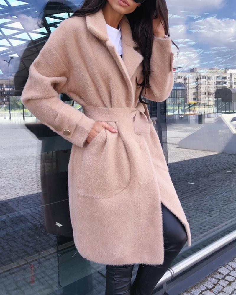 

Solid Notched Collar Buttoned Longline Wool Coat, Apricot