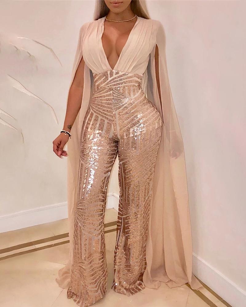 

Shiny Sequins Cloak sleeve Jumpsuits, Apricot