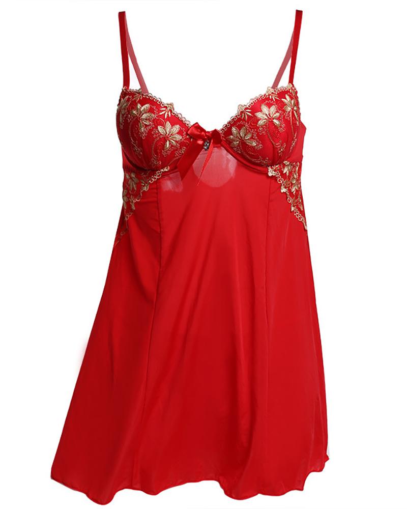 

Sheer Mesh Embroidery Floral Lace Babydoll, Red