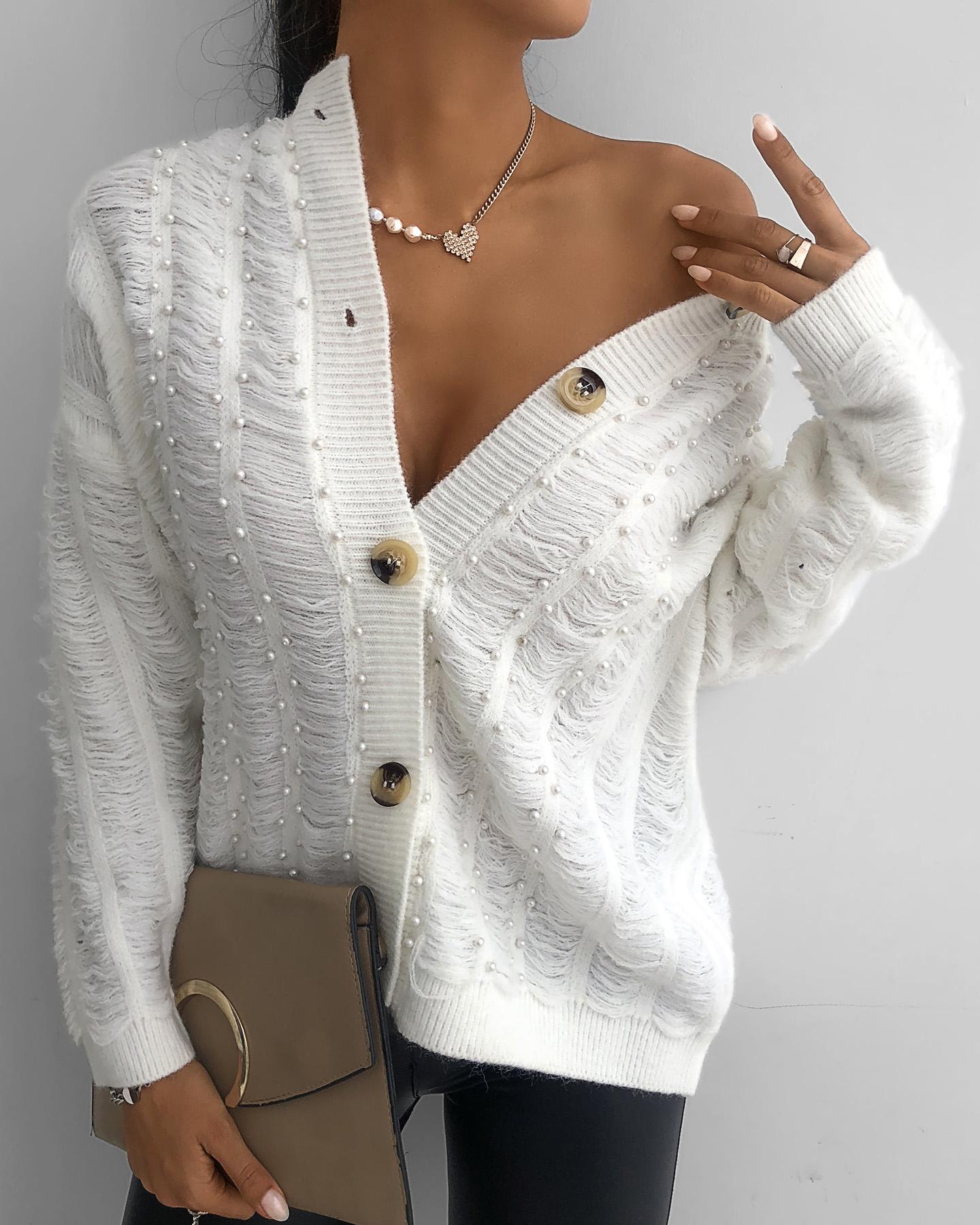 

Button Design Beaded Long Sleeve Cardigan, White