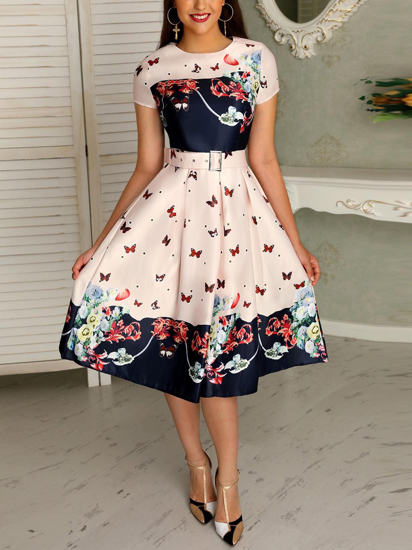 

Butterfly Print Short Sleeve Belted Pleated Dress, Nude