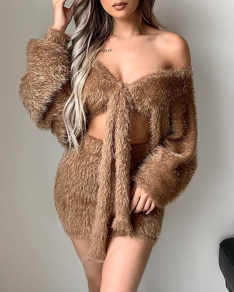 

Solid Fluffy Knotted Crop Top & Slinky Mini Skirt Sets