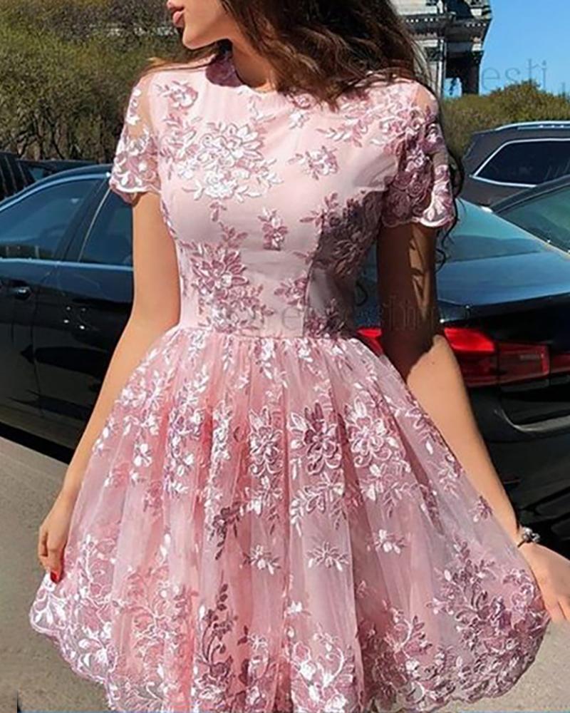 

Floral Embroidery Round Neck Party Dress, Pink