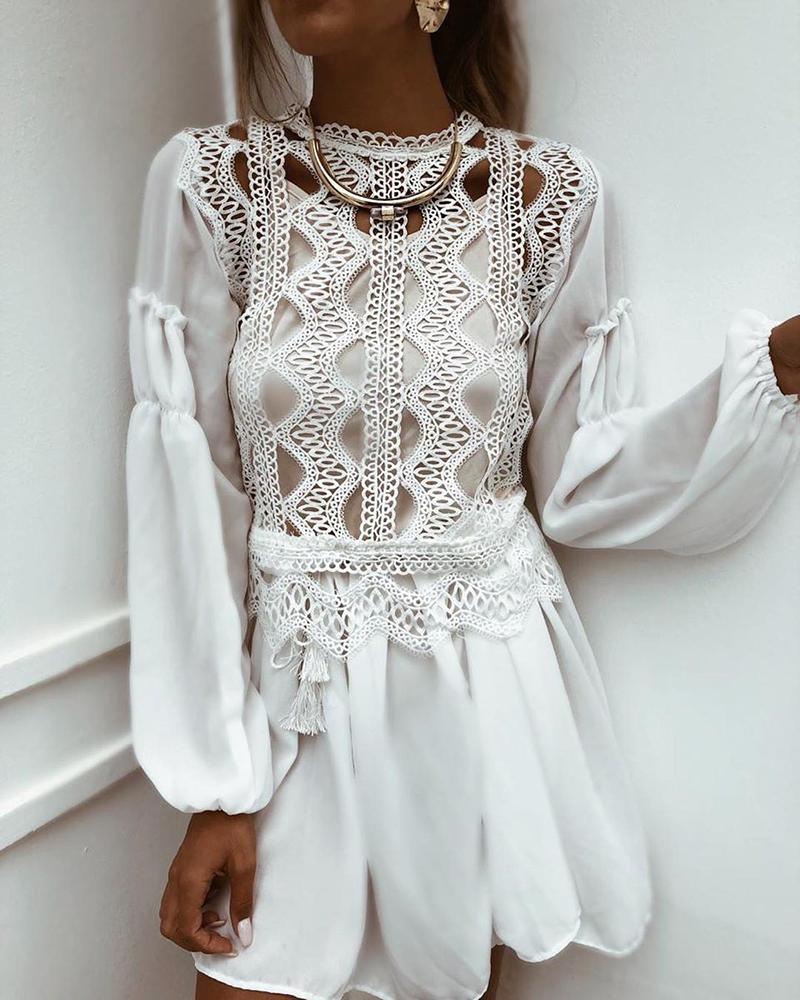 

Lantern Sleeve Lace Hollow Out Casual Dress, White