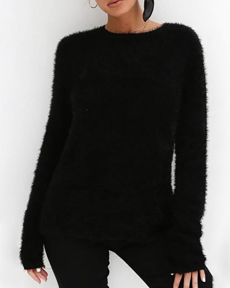 

Solid Fluffy Round Neck Long Sleeve Sweaters, Black