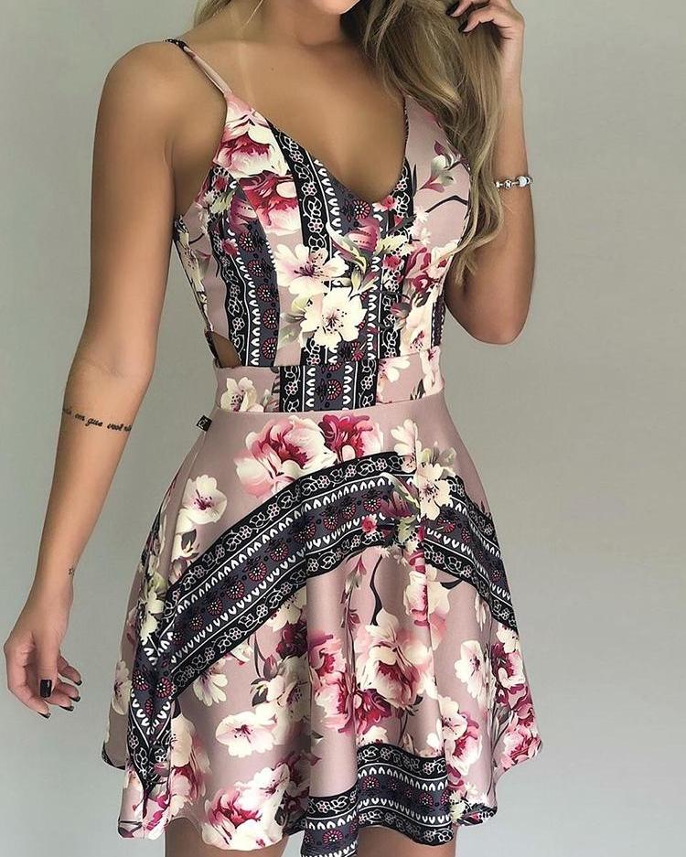 

Floral Print Cutout Waist Mini Dress, Pink