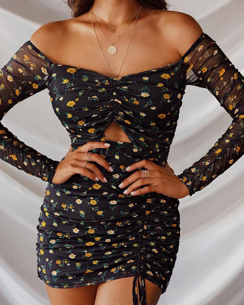 

Radom Floral Drawstring Design Ruched Dress, Black