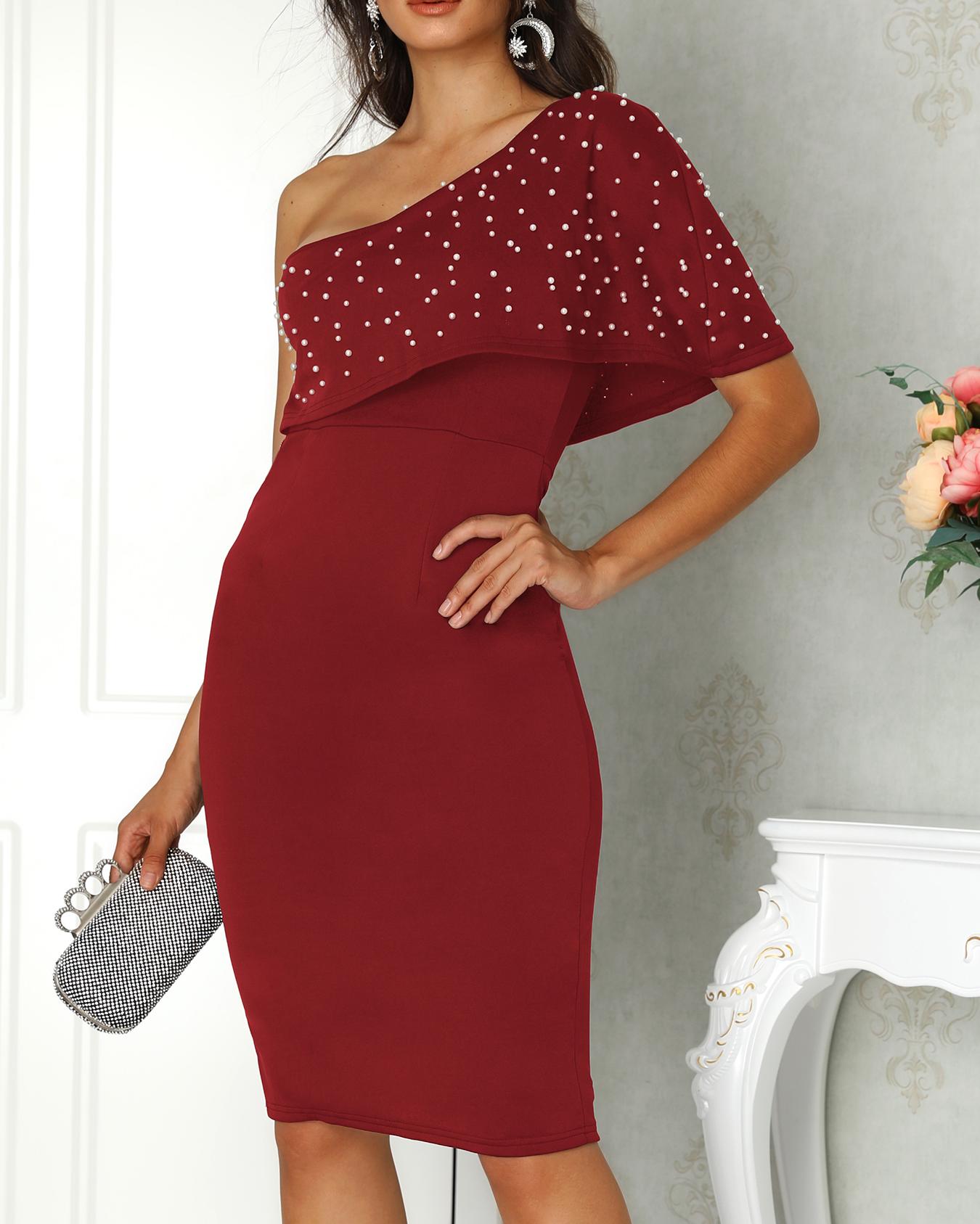 

Beaded Embellished One Shoulder Slit Bodycon Dress, Wine red