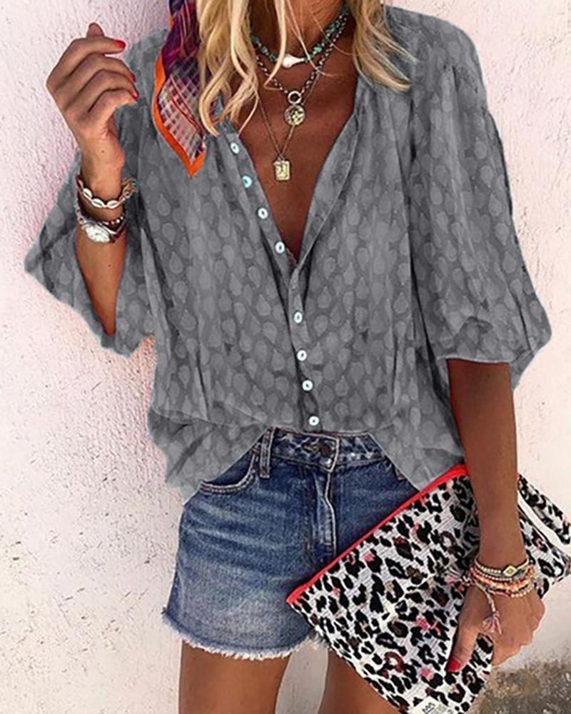 

Digital Print Lantern Sleeve Buttoned Shirt, Gray