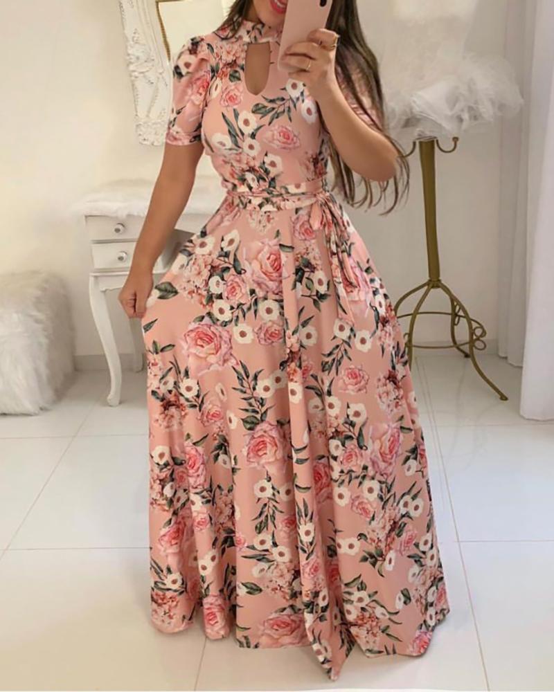 

Short Sleeve Cutout Floral Print Maxi Dress, Pink