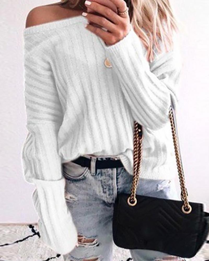 

Plain Knit Long Sleeve Casual Sweater, White