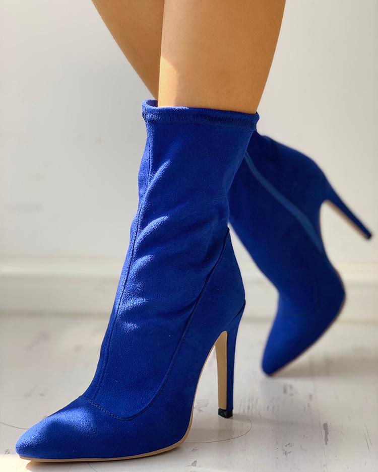 

Solid Side Zipper Pointed Toe Heeled Boots, Blue