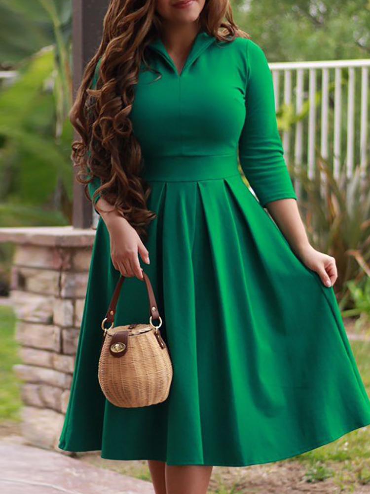 

Solid Turn Down Collar Pleated Casual Dress, Green