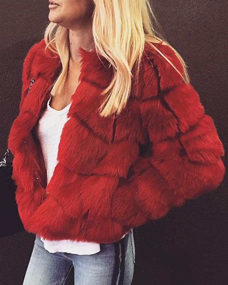 

Solid Open Front Long Sleeve Fur Fluffy Coat, Red