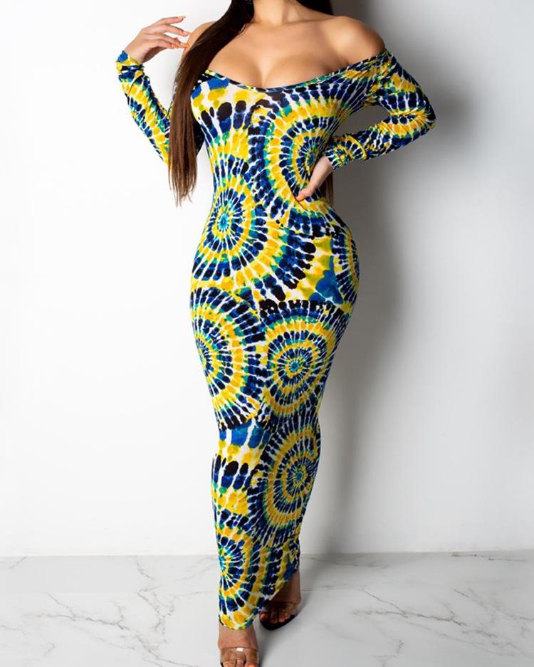 

Off Shoulder Printed Maxi Dress, Blue