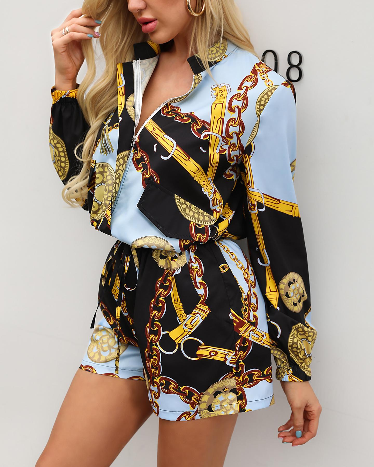 

Long Sleeve Chain Print Shirt And Short Sets, Multicolor