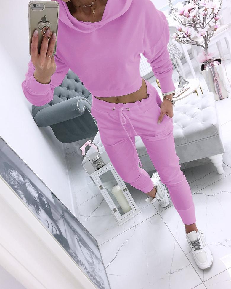 

Solid Hooded Long Sleeve Drawstring Top & Pants Set, Light purple