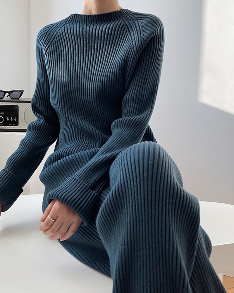 

Pullover Side Slit Knit Sweater & Wide Leg Pants Set, Blue