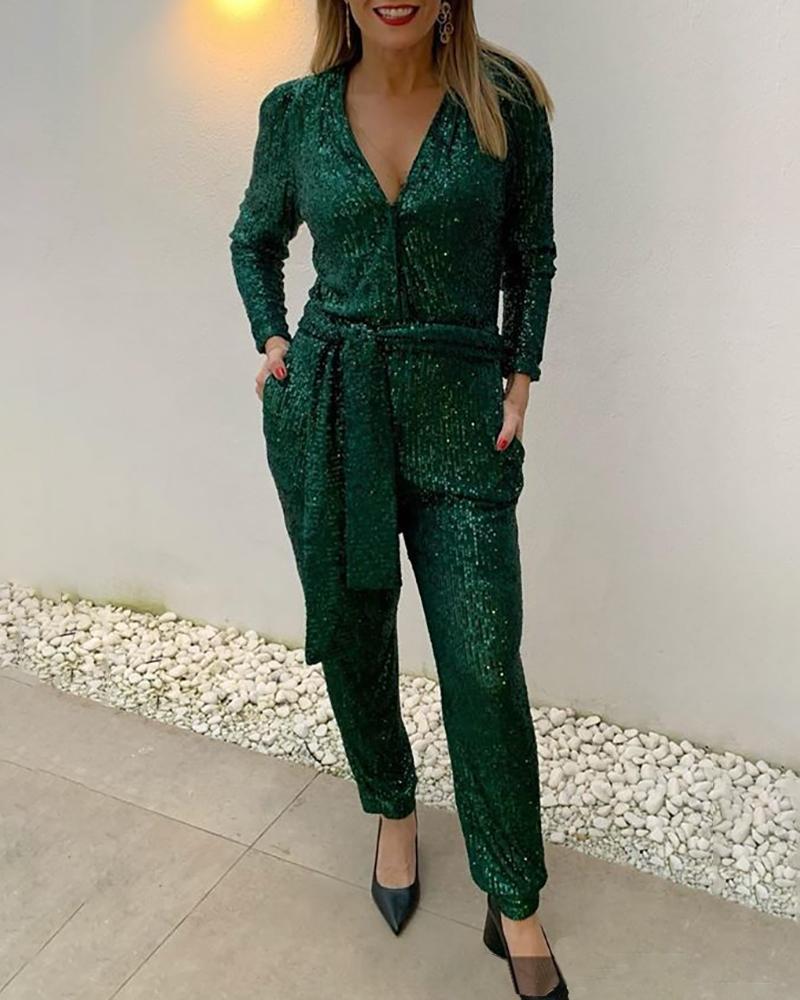 

Long Sleeve V-neck Sequins Jumpsuit, Silver