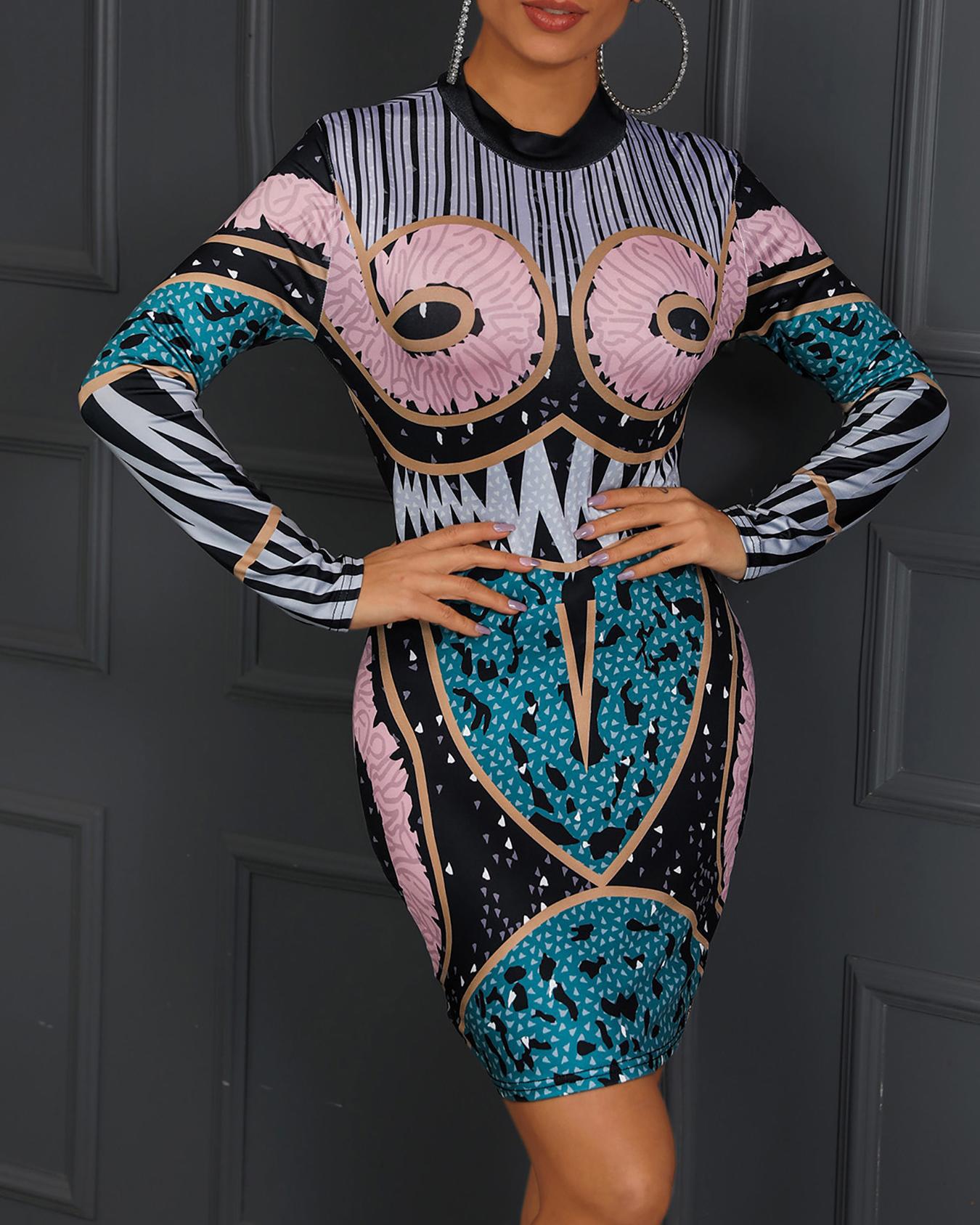 

Funny Print Long Sleeve Bodycon Dress, Multicolor