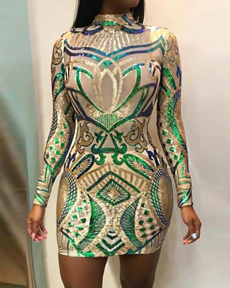 

Mesh Long Sleeve Sequin Party Dress, Apricot