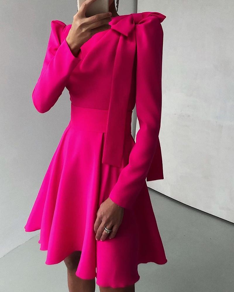 

Solid Bowknot Embellished Pleated Dress, Hot pink