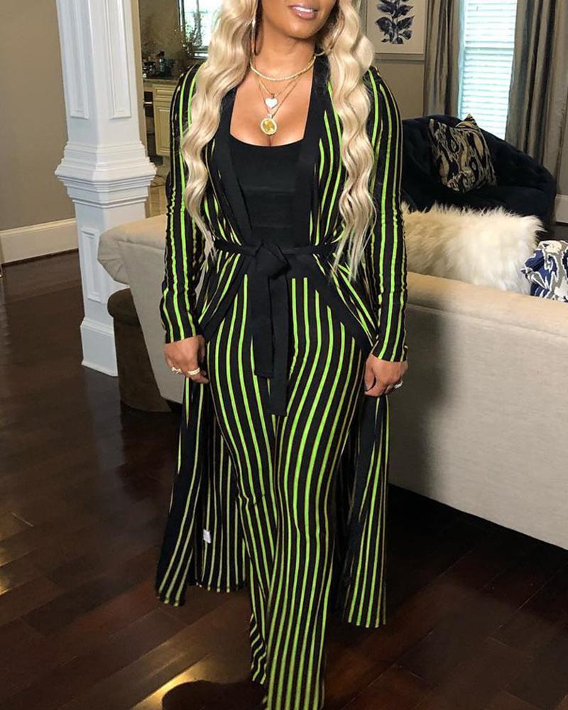 

Vertical Striped Coat and Pants Sets, Green