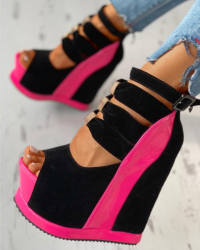 

Suede Peep Toe Platform Wedge Shoes, Hot pink