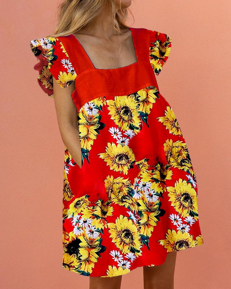 

Sunflower Print Square Neck Ruffles Dress, Red
