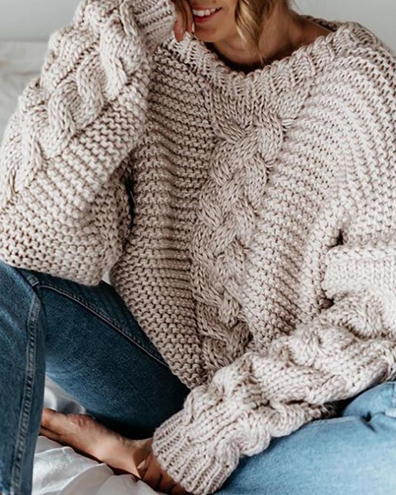

Solid Braided Knitted Casual Loose Sweater, Beige