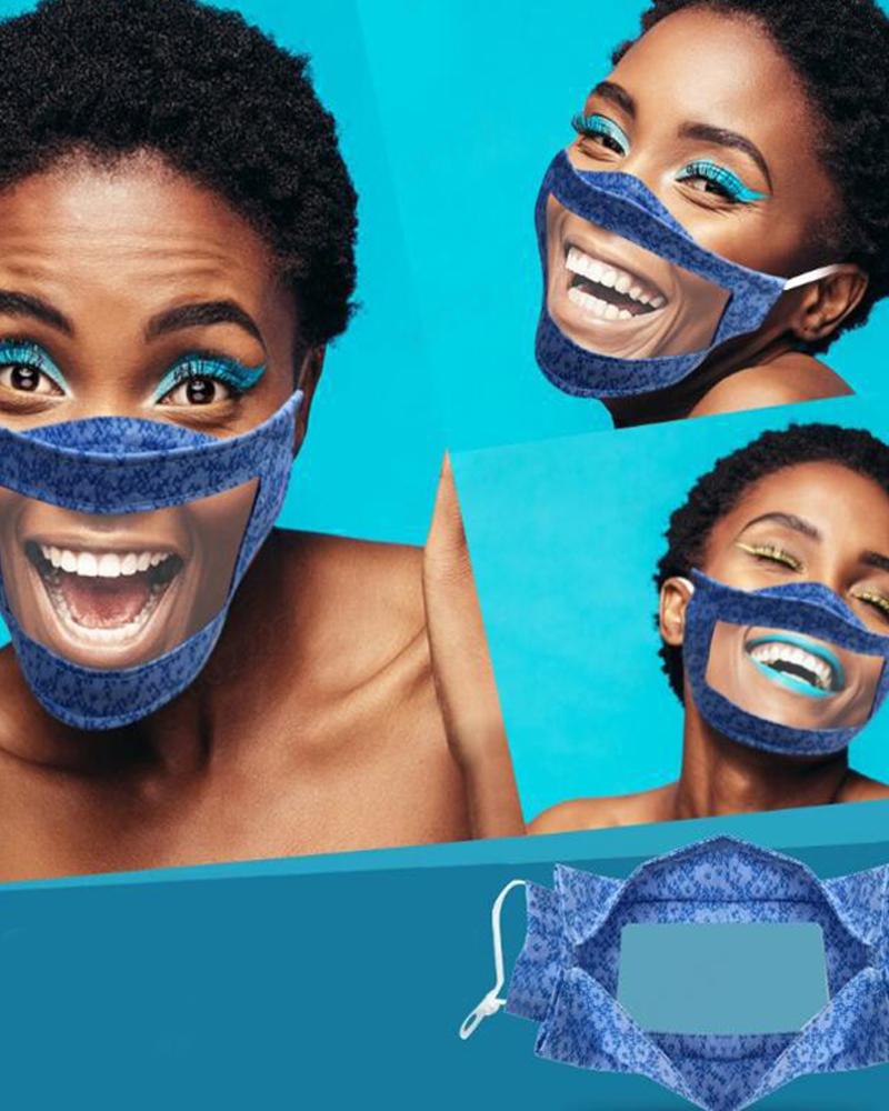 

Floral Print Mouth Clear Window Visible Face Mask, Blue