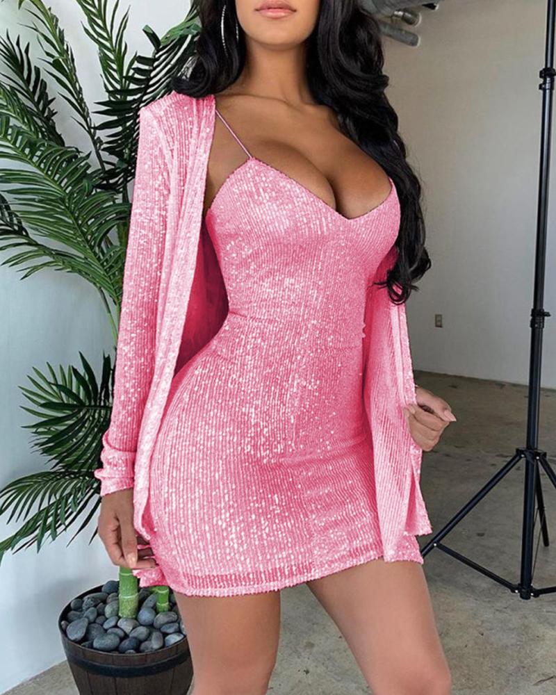 

Sequins Bodycon Dress & Cardigan Set, Pink