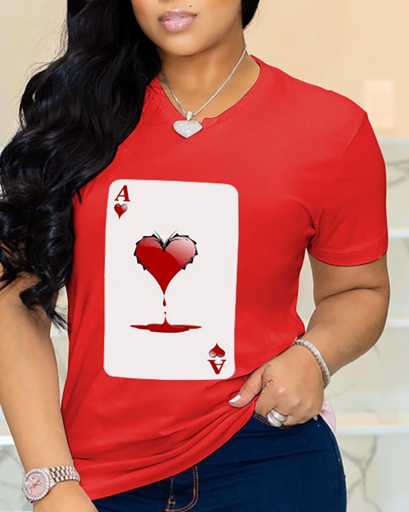 

Heart Poker Print Short Sleeve Casual T-shirt, Red