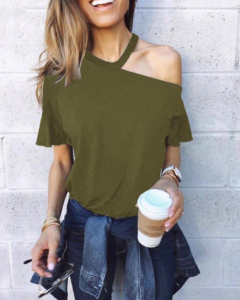 

Halter Neck Cold Shoulder T-shirt, Army green