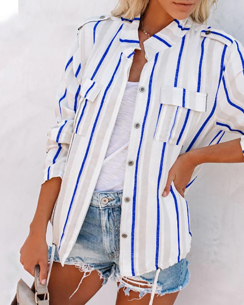 

Striped Colorblock Pocket Design Casual Shirt, Blue