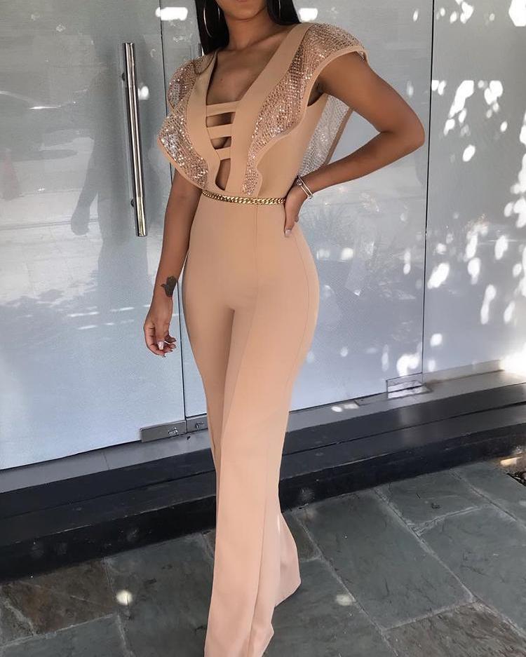 

Glitter Open Back Ruffles Jumpsuits, Apricot
