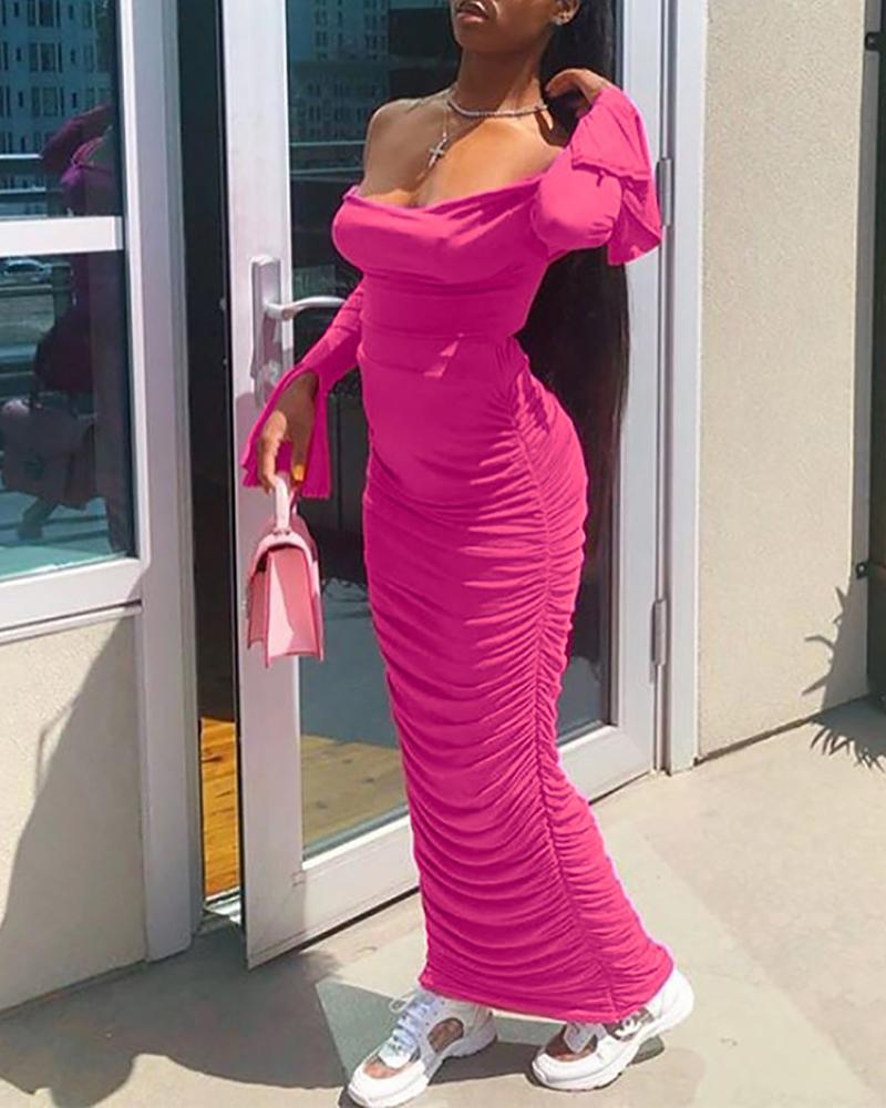 

Off Shoulder Backless Ruched Slinky Dress, Hot pink