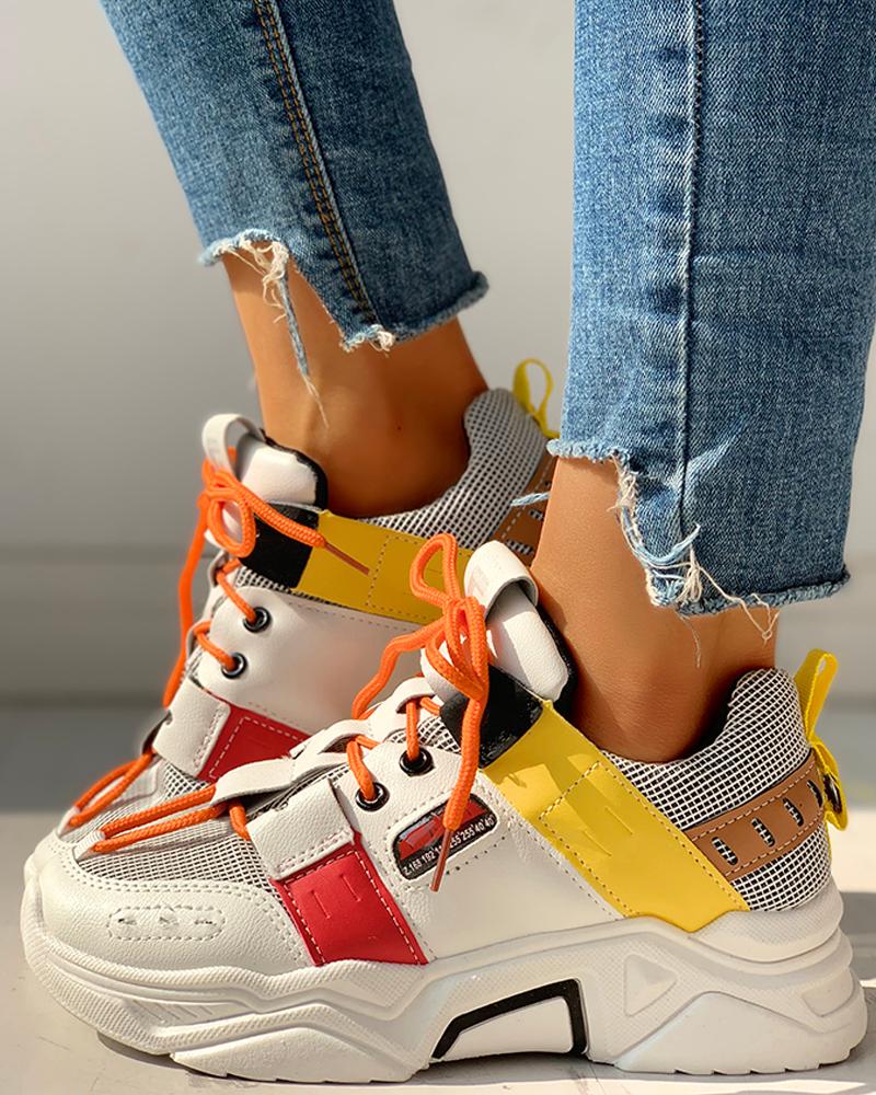 

Knitted Breathable Colorblock Lace-Up Sneakers, Yellow
