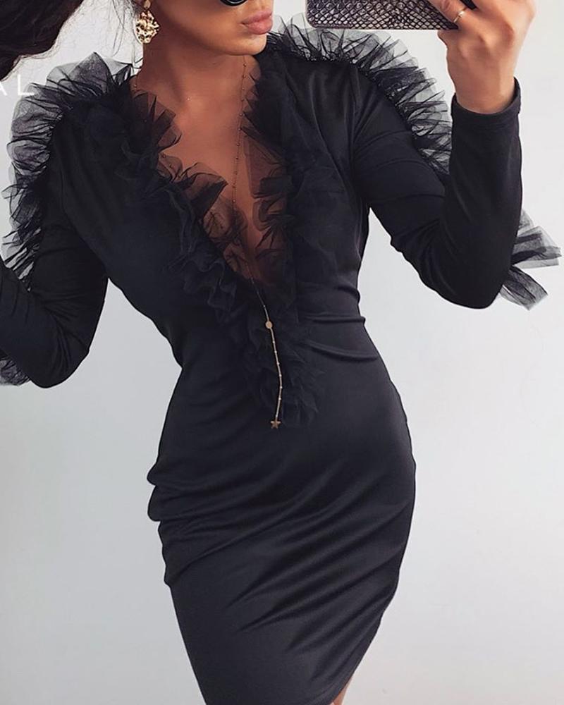 

Sheer Ruched Mesh Plunge Dress, Black