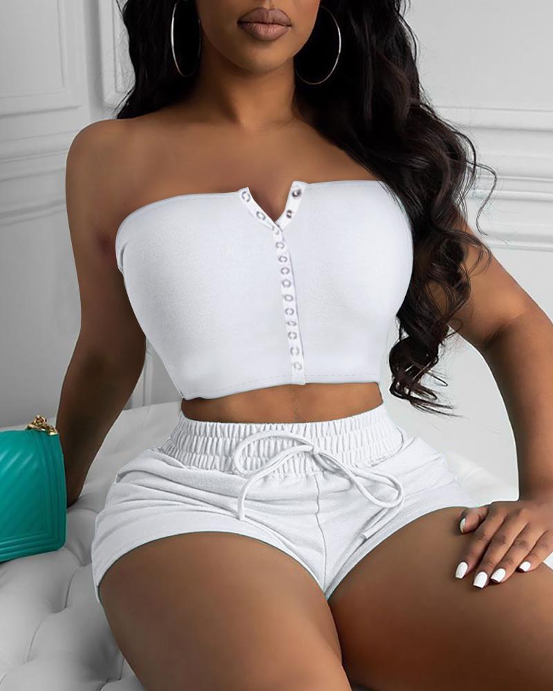 

Solid Buttoned Bandeau Top & Drawstring Shorts Set, White