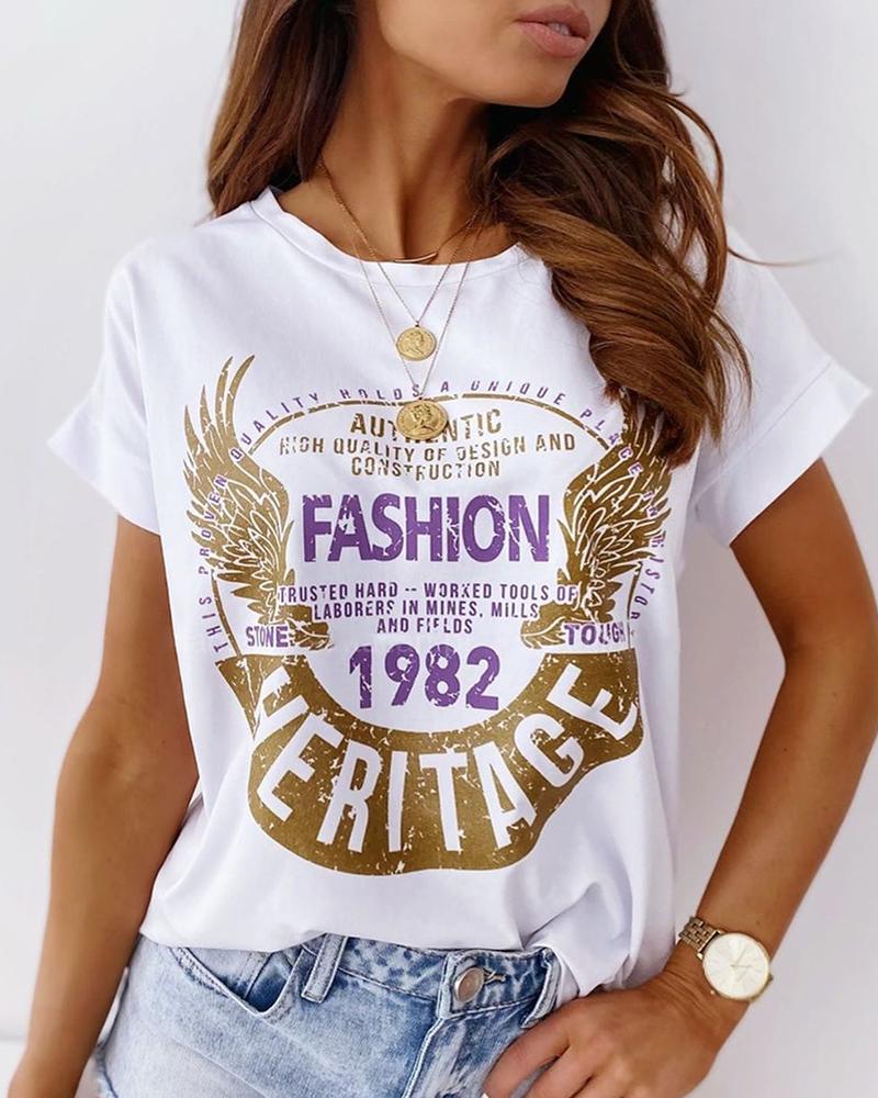 

Letter Print Short Sleeve Casual T-shirt, White