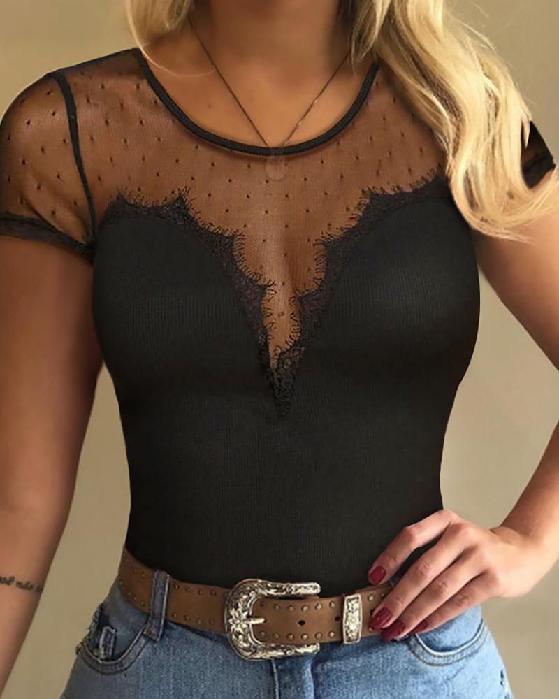

Eyelash Lace Dot Mesh Top, Black