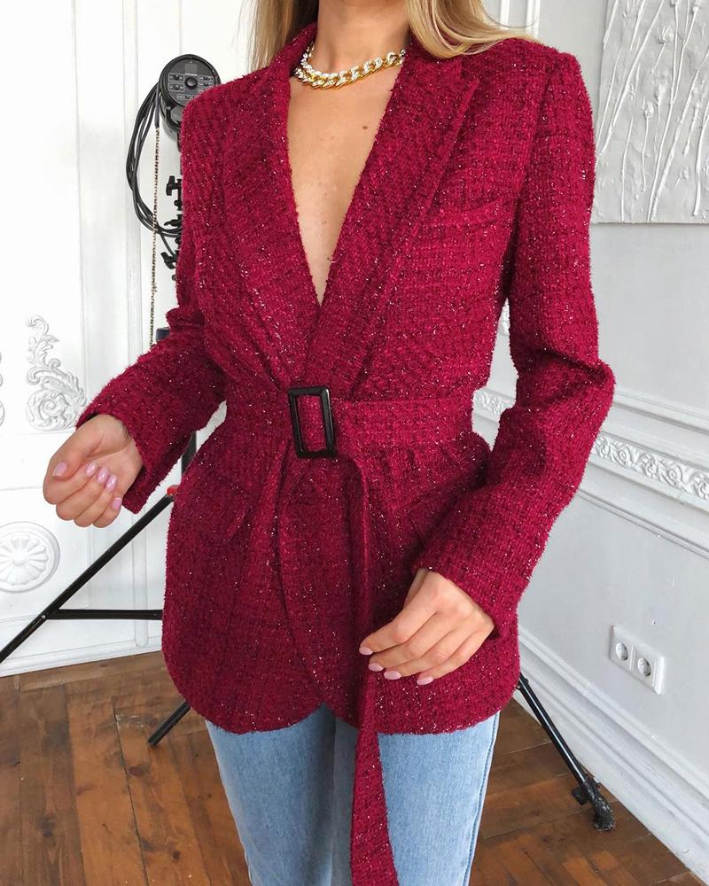 

Tweed Long Sleeve Plain Blazer Coat, Dark red