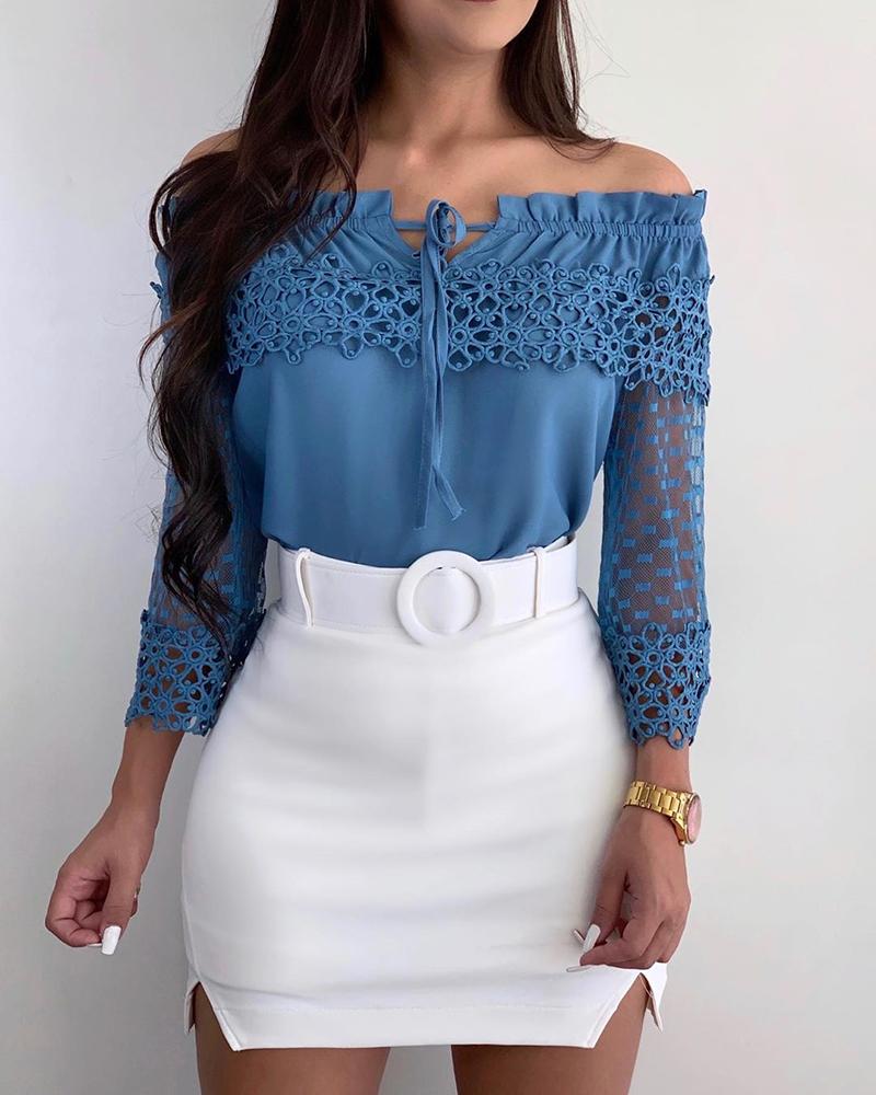 

Hollow Out Lace Mesh Insert Off Shoulder Frill Blouse, Blue