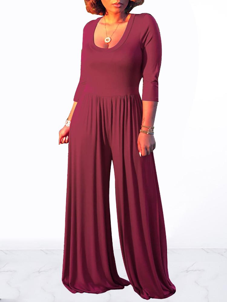 

Solid Long Sleeve Wide Leg Jumpsuit, Wine red