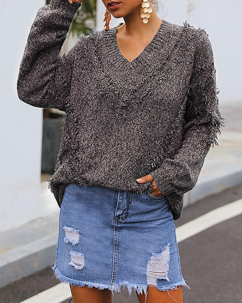 

Solid Tassel Design Casual Sweater, Brown